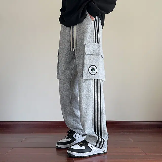 引创 大口袋裤子男秋季重磅美式高街直筒宽松工装阔腿裤运动休闲裤 男女同款