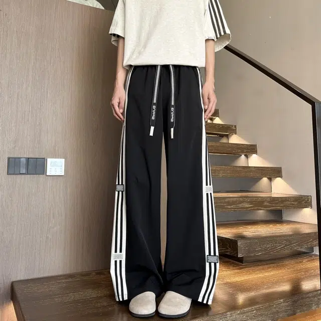 引创 秋季美式裤子男港风条纹直筒男潮牌宽松大码运动加长百搭休闲裤 男女同款
