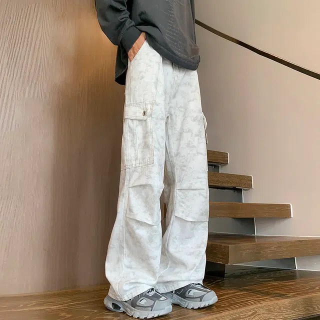 引创 秋季穿搭美式扎染工装牛崽裤男士高街阔腿加长伞兵裤脏脏白休闲运动百搭裤子男牛仔裤 男女同款