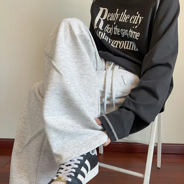 引创 褶皱设计拼接卫裤男秋冬季百搭潮牌直筒裤宽松显瘦显高裤子休闲裤 男女同款