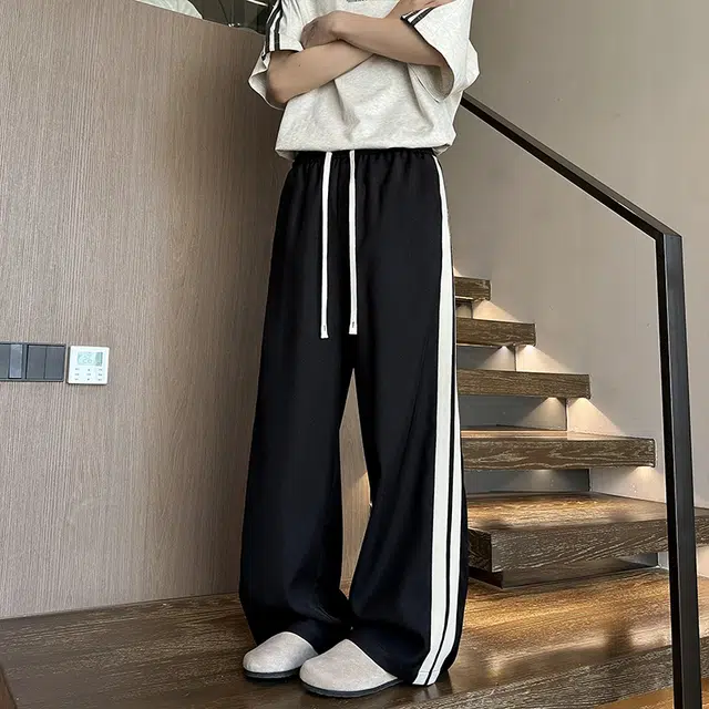 引创 秋季潮流垂感卫裤子男士款百搭条纹大码男生直筒运动加长宽松长裤休闲裤 男女同款