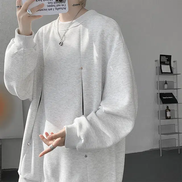 引创 美式高街柳丁破缝设计感套头衫男生运动休闲假两件长袖宽松外套卫衣 男女同款