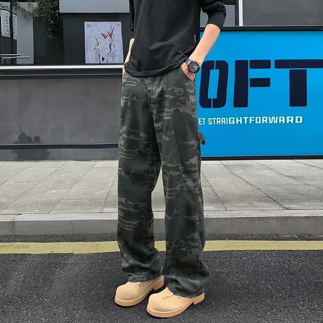 引创 高个子加长版迷彩男士长裤美式显瘦显高潮流百搭宽松直筒阔腿子休闲裤 男女同款