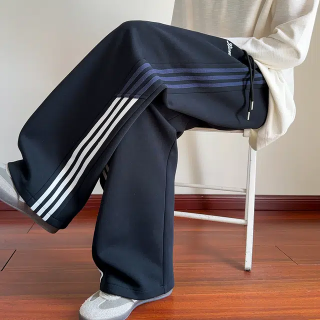 引创 撞色拼接条纹裤子男秋季潮牌青少年慵懒风宽松阔腿加长裤休闲裤 男女同款