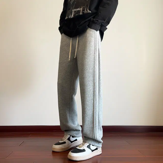 引创 美式褶皱裤子男秋冬季大码百搭潮牌运动直筒阔腿卫裤男休闲裤 男女同款