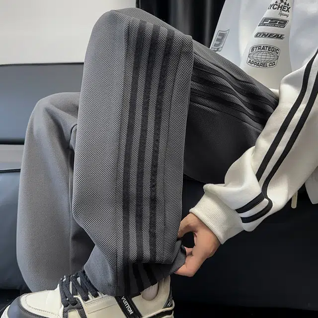 引创 秋季条纹刺绣裤子男潮牌宽松百搭直筒裤男士潮流运动加长卫裤休闲裤 男女同款