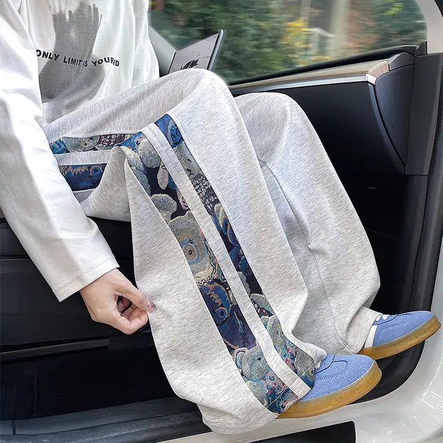 引创 高级感阔腿卫裤小众设计感小熊拼接裤子男大码宽松新中式休闲裤 男女同款