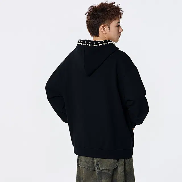 物质公式 美式复古高街潮牌嘻哈痞帅仿立体珍珠印花简约时尚基础款日常通勤重磅宽松百搭防风飞行员教练外套拼接装饰连帽潮流夹克 男女同款