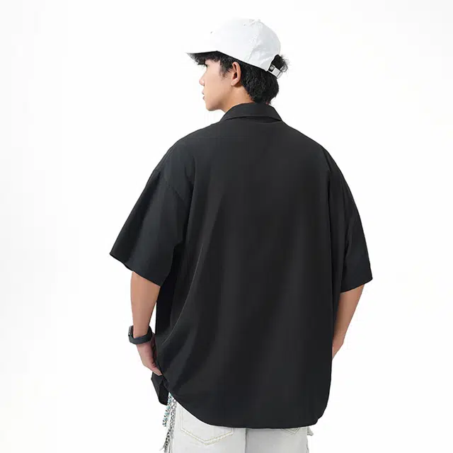 物质公式 美式复古高街潮牌标志纯色基础款学院宽松百搭慵懒风垂感休闲运动舒适柔软翻领开衫日常通勤高级感短袖潮流衬衫 男女同款