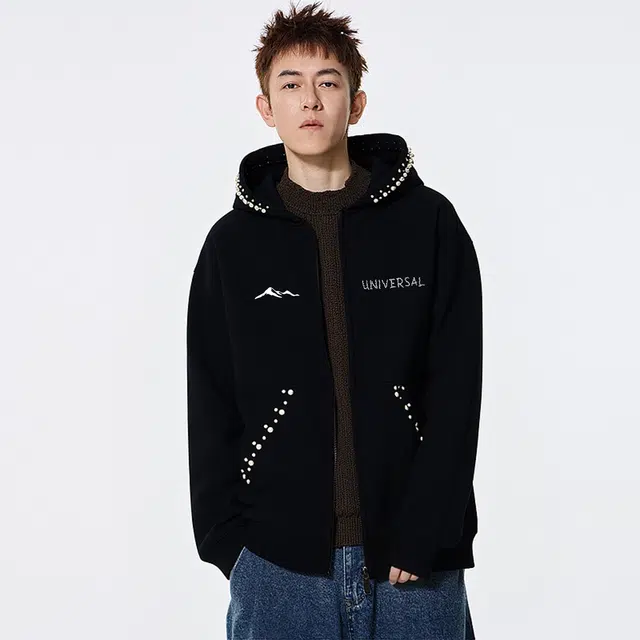 物质公式 美式复古高街潮牌嘻哈痞帅仿立体珍珠印花简约时尚基础款日常通勤重磅宽松百搭防风飞行员教练外套拼接装饰连帽潮流夹克 男女同款