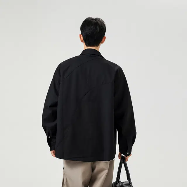 物质公式 美式复古高街痞帅慵懒风拼接金属星星装饰简约时尚基础款休闲运动重磅宽松百搭舒适日常通勤学院风垂感潮流长袖衬衫外套 男女同款