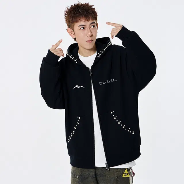 物质公式 美式复古高街潮牌嘻哈痞帅仿立体珍珠印花简约时尚基础款日常通勤重磅宽松百搭防风飞行员教练外套拼接装饰连帽潮流夹克 男女同款