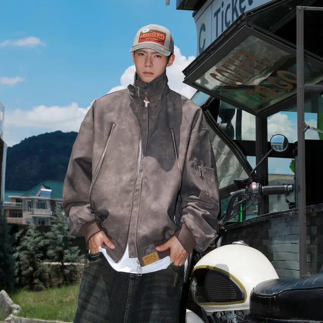 物质公式 美式复古高街潮牌拼接解构脏染金属拉链装饰飞行员教练夹克外套宽松百搭舒适柔软潮流简约时尚重磅休闲运动皮衣 男女同款