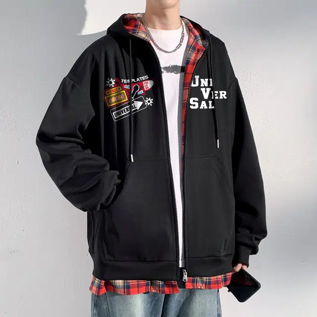 物质公式 美式复古高街重磅格纹拼接解构趣味徽章印花赛车服休闲运动宽松百搭简约基础款潮流学生通勤学院风套头长袖落肩连帽卫衣 男女同款