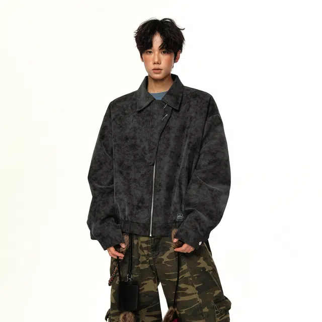 物质公式 美式复古高街巴恩风扎染拼接解构休闲运动宽松百搭潮流个性基础款防风防水飞行员教练夹克外套工装机能谷仓哈灵顿皮衣 男女同款