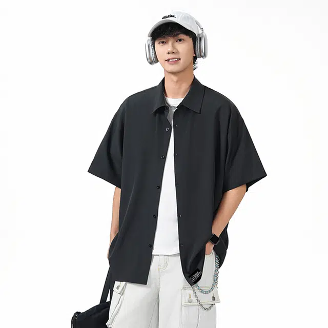 物质公式 美式复古高街潮牌标志纯色基础款学院宽松百搭慵懒风垂感休闲运动舒适柔软翻领开衫日常通勤高级感短袖潮流衬衫 男女同款