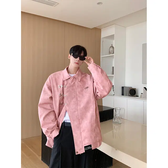 物质公式 美式复古高街潮牌金属盘扣拼接解构品牌标志高级感宽松百搭舒适柔软休闲运动防风飞行员教练外套学院风简约重磅潮流皮衣 男女同款