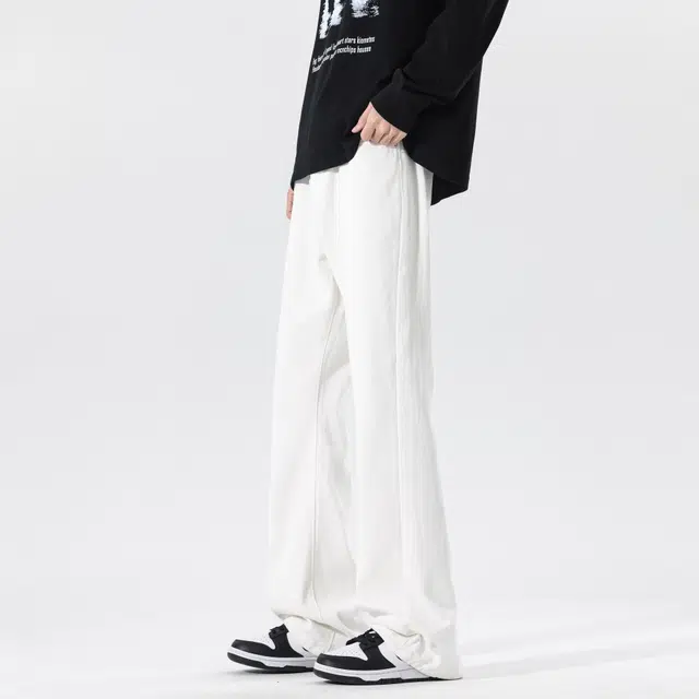 物质公式 美式复古高街水洗做旧痞帅白色基础款休闲运动宽松百搭废土风舒适柔软弹力窄版垂感显高显瘦日常通勤潮流微喇弯刀牛仔裤 男女同款