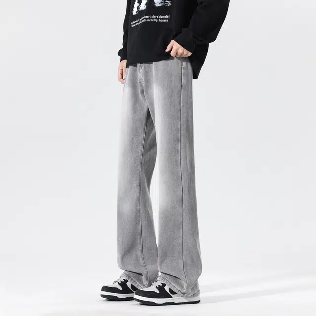 物质公式 美式复古高街水洗做旧痞帅纯色基础款直筒裤子宽松百搭废土风高级感舒适柔软弹力窄版显高显瘦显腿长潮流微喇阔腿牛仔裤 男女同款
