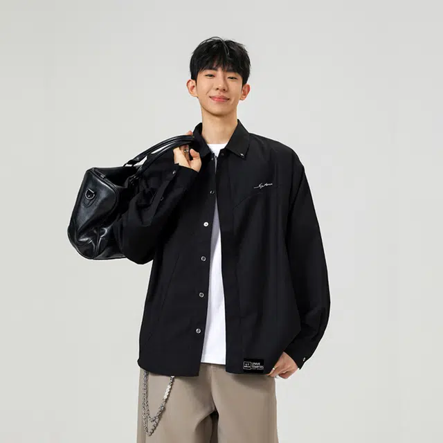 物质公式 美式复古高街痞帅慵懒风拼接金属星星装饰简约时尚基础款休闲运动重磅宽松百搭舒适日常通勤学院风垂感潮流长袖衬衫外套 男女同款