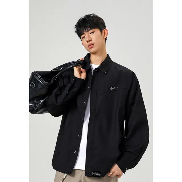 物质公式 美式复古高街痞帅慵懒风拼接金属星星装饰简约时尚基础款休闲运动重磅宽松百搭舒适日常通勤学院风垂感潮流长袖衬衫外套 男女同款