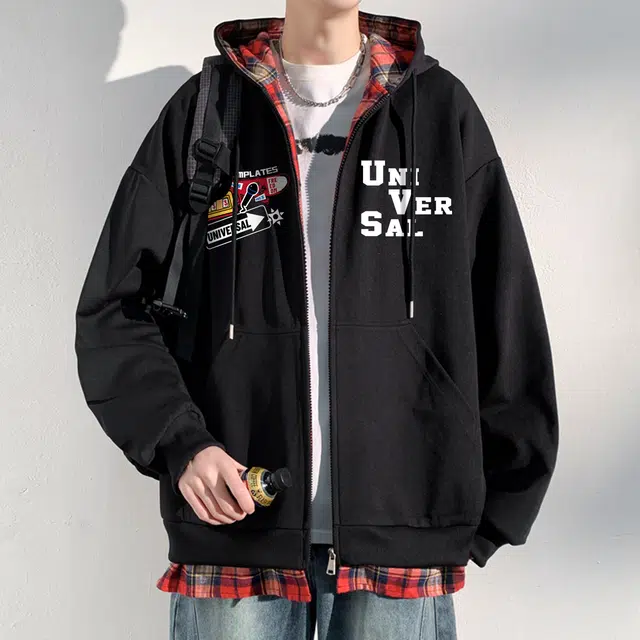 物质公式 美式复古高街重磅格纹拼接解构趣味徽章印花赛车服休闲运动宽松百搭简约基础款潮流学生通勤学院风套头长袖落肩连帽卫衣 男女同款