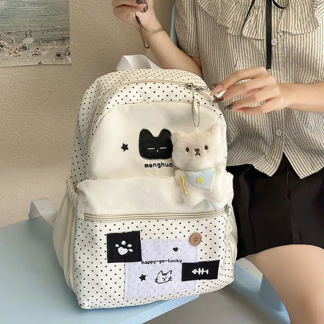 笛贝嘉 可爱卡通高颜值猫咪波点大容量通勤百搭 尼龙 双肩包 常规 男女同款情侣款 多色