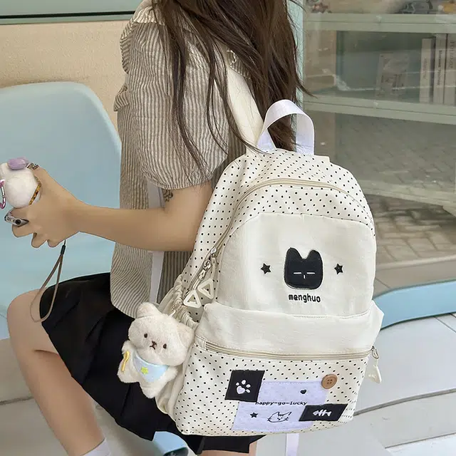 笛贝嘉 可爱卡通高颜值猫咪波点大容量通勤百搭 尼龙 双肩包 常规 男女同款情侣款 多色