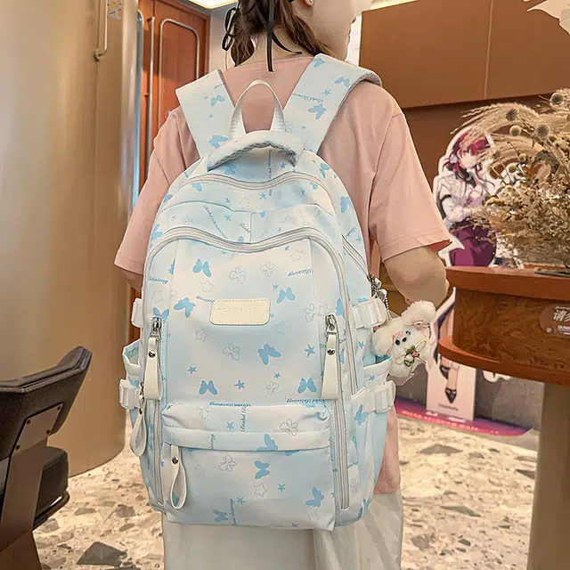 笛贝嘉 笛贝嘉 甜美蝴蝶印花休闲大容量校园风背包初高中大学生上课书包 尼龙 双肩包 常规 女款 多色