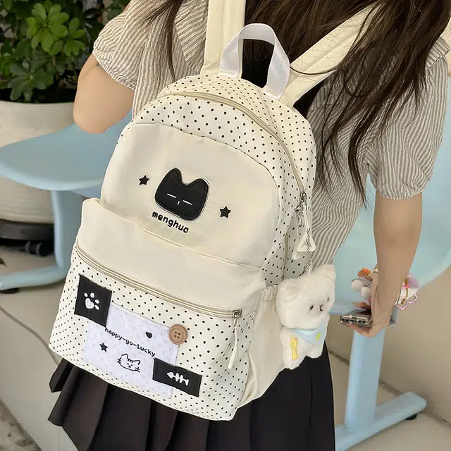 笛贝嘉 可爱卡通高颜值猫咪波点大容量通勤百搭 尼龙 双肩包 常规 男女同款情侣款 多色