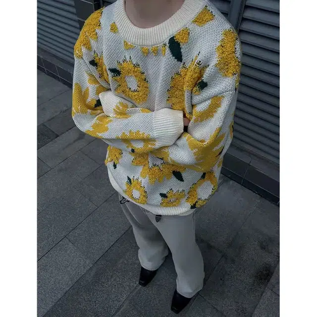 美式复古向日葵拼接长袖宽松舒适百搭款针织衫 男女同款