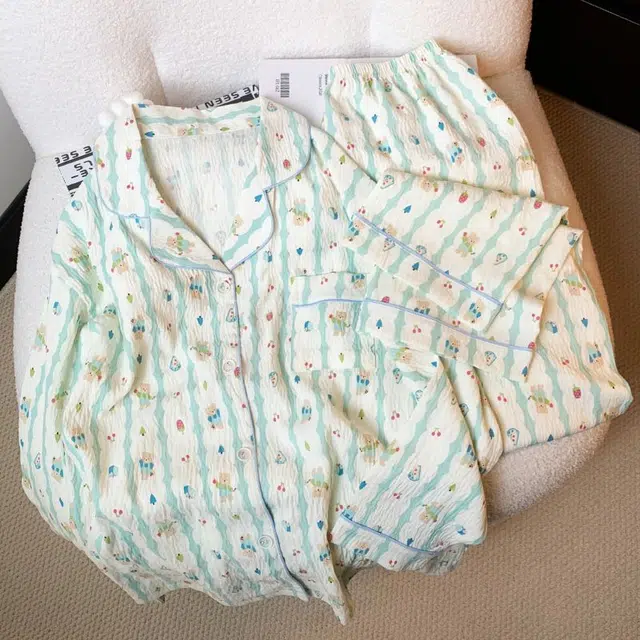 静英鸾 秋季翻领卡通小熊条纹时尚甜美风休闲舒适家居服睡衣套装 女款