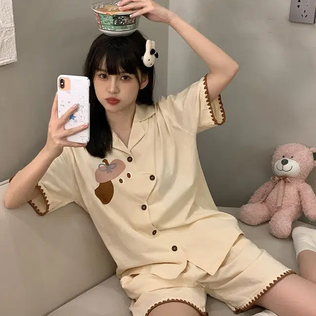 静英鸾 休闲亲肤透气卡通小狗短袖翻领可外穿家居服睡衣套装 女款