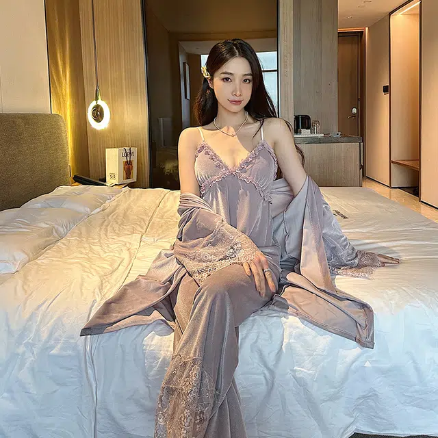 静英鸾 金丝绒长袖睡袍吊带长裤纯色花边性感休闲家居服秋冬季睡衣套装 女款