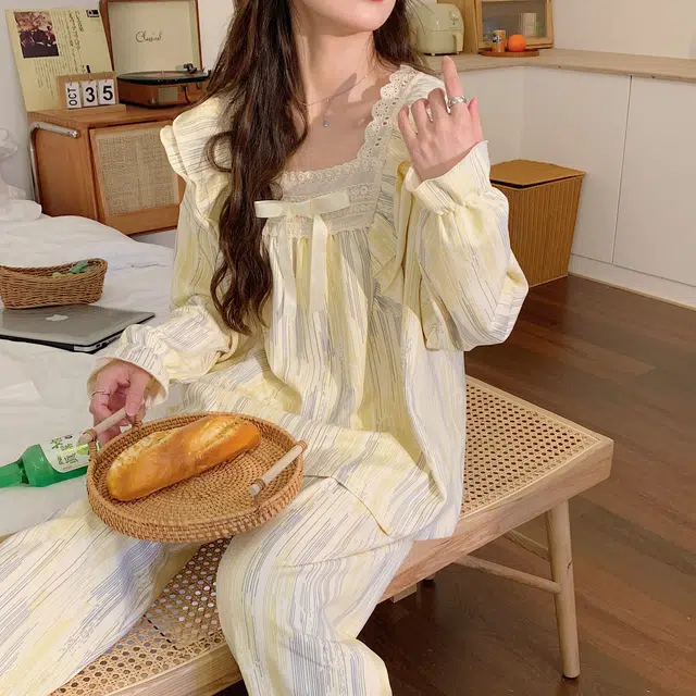 静英鸾 秋季印花蝴蝶结时尚简约风休闲舒适家居服睡衣套装 男女同款