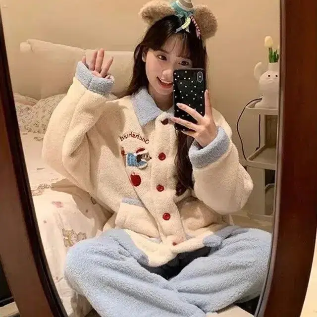 静英鸾 珊瑚绒保暖加绒加厚卡通腊肠狗甜美翻领开衫长袖长裤休闲家居服睡衣套装 女款