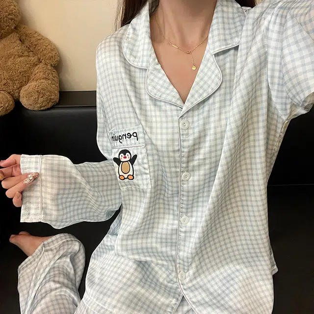 静英鸾 家居女休闲舒适简约翻领设计格子卡通企鹅图案服睡衣礼盒 女款