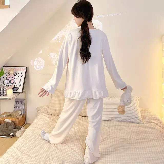 静英鸾 德绒长袖长裤圆领套头纯色蝴蝶结休闲两件套家居服秋冬季保暖套装 女款
