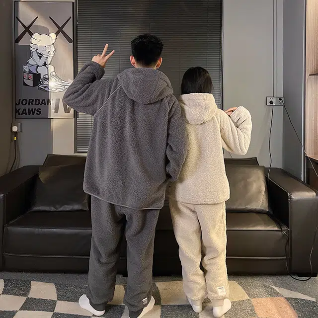 静英鸾 秋冬季纯色连帽甜美风珊瑚绒加绒加厚保暖休闲舒适家居服睡衣套装 男女同款