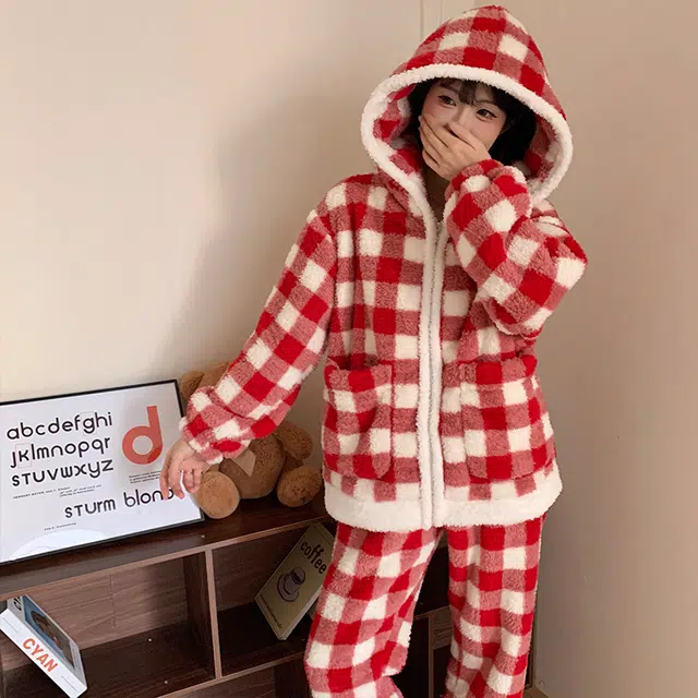 静英鸾 休闲时尚拉链连帽甜美简约红格子法兰绒柔软舒适可外穿家居服睡衣套装 女款