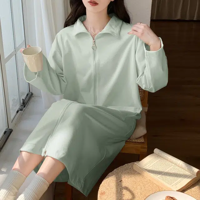 静英鸾 德绒长袖长裙翻领拉链纯色简约舒适家居服秋冬季保暖套装 女款