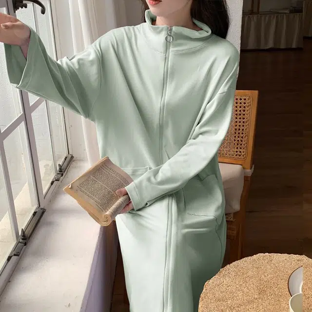 静英鸾 德绒长袖长裙翻领拉链纯色简约舒适家居服秋冬季保暖套装 女款