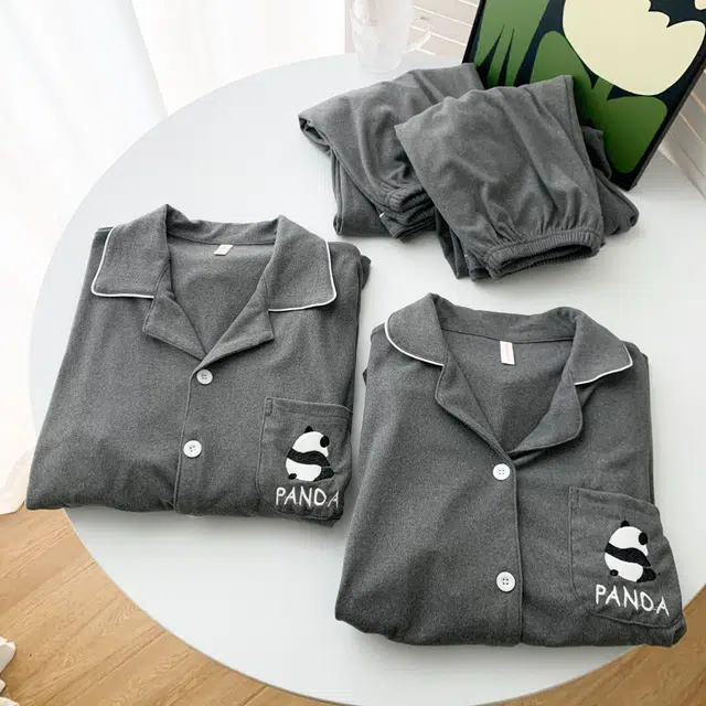 静英鸾 德绒保暖加厚翻领开衫长袖长裤纯色熊猫情侣家居服冬季睡衣套装 男女同款