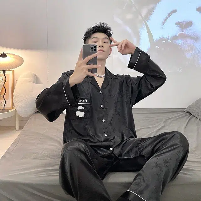 静英鸾 家居男舒适简约设计长袖长裤翻领可外穿服睡衣套装 男款