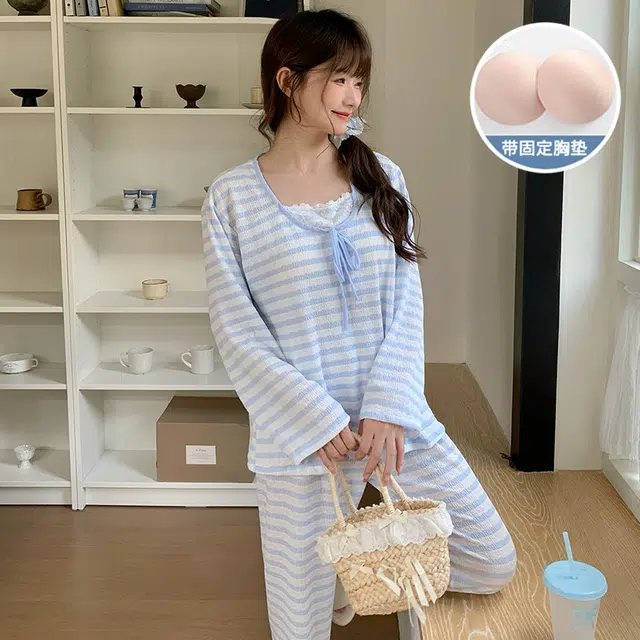 静英鸾 长袖长裤圆领套头简约甜美条纹休闲家居服秋冬季睡衣套装 女款