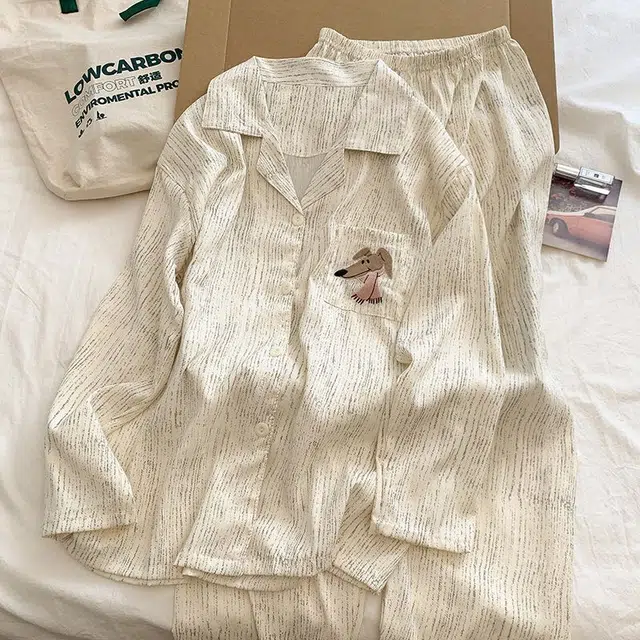 静英鸾 翻领开衫卡通小狗纯色长袖长裤休闲家居服秋冬季睡衣套装 女款