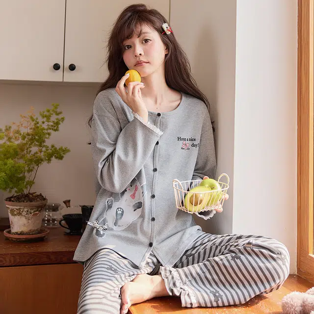 静英鸾 春秋季简约甜美可爱卡通蝴蝶结小猫休闲亲肤舒适家居服睡衣套装 女款