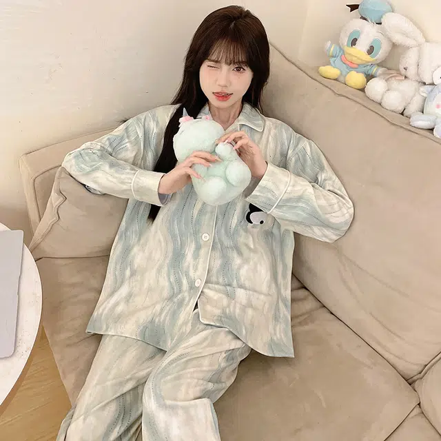 静英鸾 翻领卡通熊猫甜美风冬季德绒加厚保暖休闲舒适家居服睡衣套装 女款