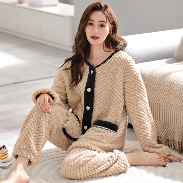 静英鸾 时尚舒适加绒加厚保暖圆领可外穿家居服睡衣套装 女款