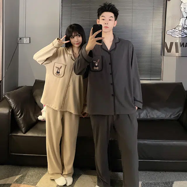 静英鸾 纯色卡通兔子时尚简约风冬季德绒加厚保暖家居服睡衣套装 男女同款